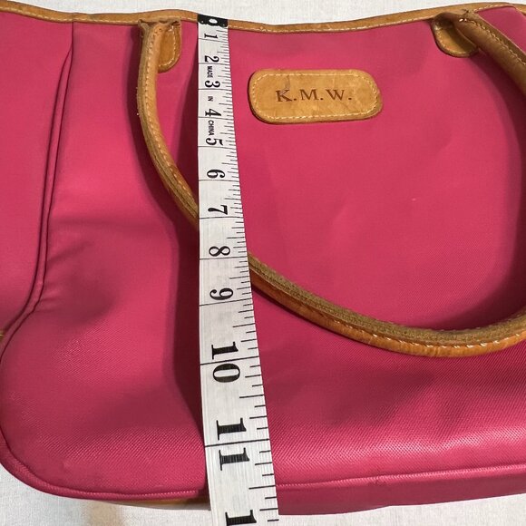 Jon Hart Design Tote Bag Pink Tan Leather Trim Monogram K.M.W. Personalized USA - Picture 11 of 11